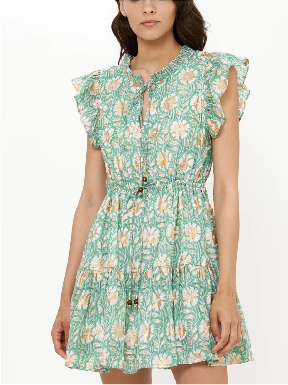Oliphant Mint and Cream Floral Tie-Front Mini Dress